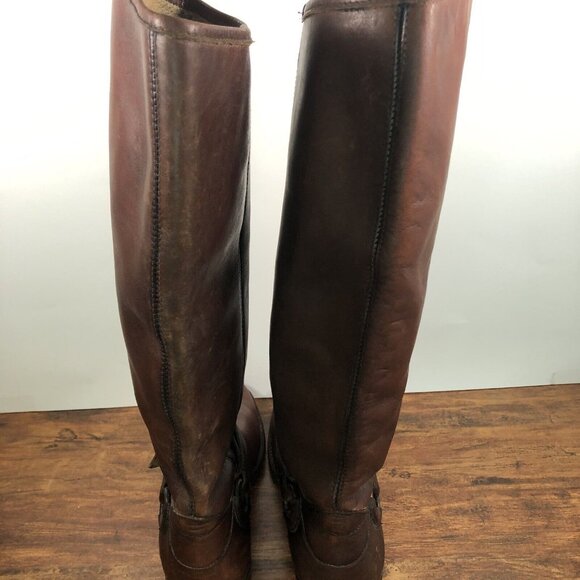 Frye Womens SZ 8B Distressed Harness Buckle Tall Brown Leather Riding Boots 16” - Picture 4 of 11
